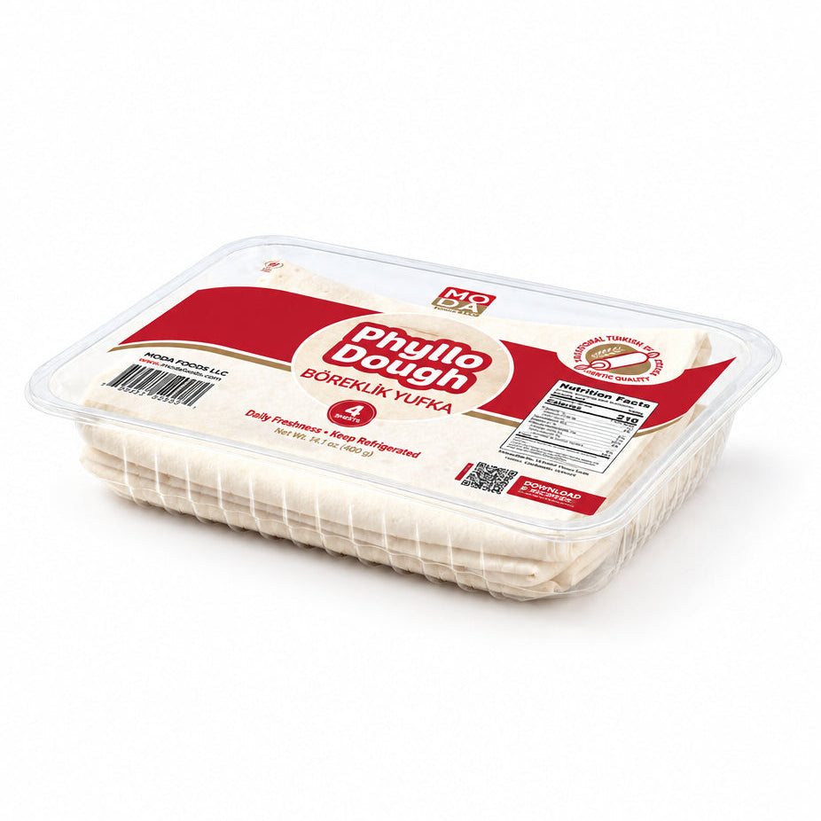 A package of Bower & Yufka Phyllo Dough, 4 sheets per bag, in a clear plastic clamshell container with a white and red label, photographed on a seamless white background.