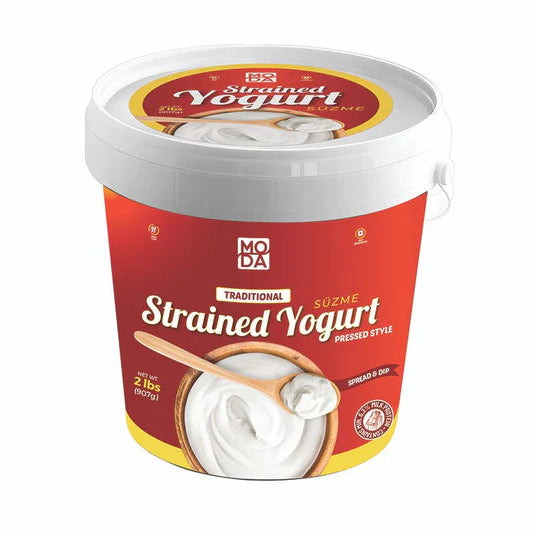 MODA Strained Yogurt container with red label on a white background